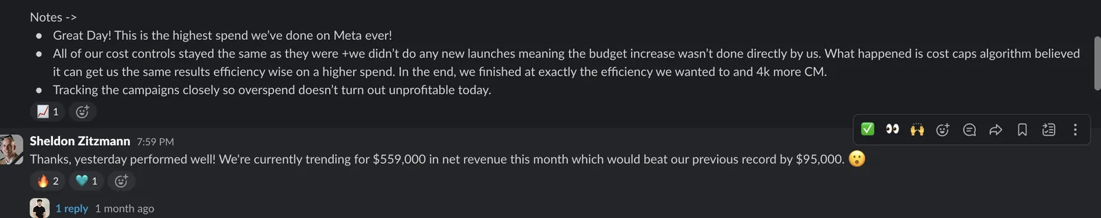 Trending $559K — a record by $95K — DTC founder · mid-month