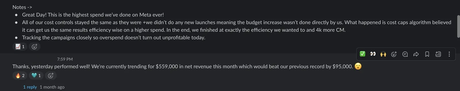 Trending $559K — a record by $95K — DTC founder · mid-month