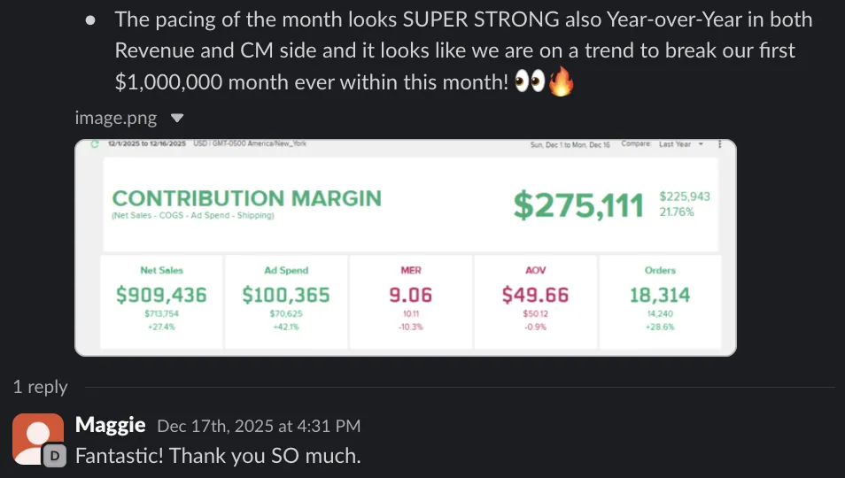 Pacing their first $1M month ever — Client Slack · December