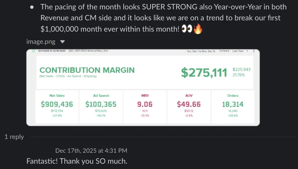 Pacing their first $1M month ever — Client Slack · December