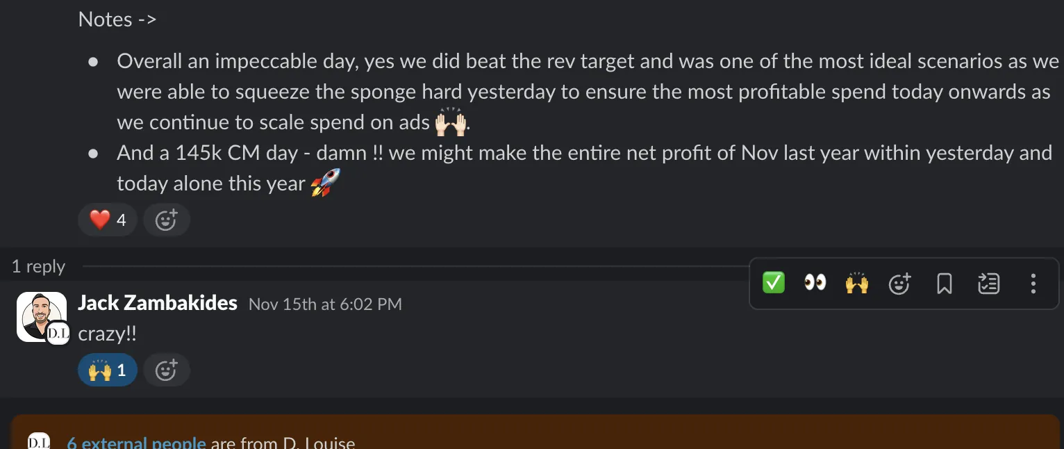 $145K contribution margin in one day — Client Slack · November
