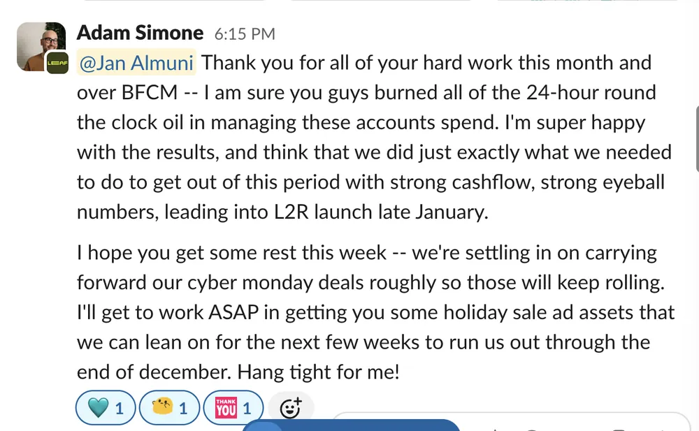 Round-the-clock BFCM management — CPG founder · post-BFCM