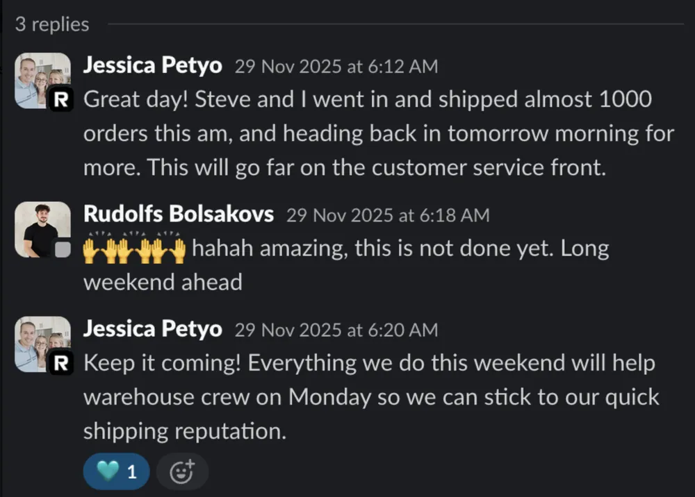 ~1,000 orders shipped in one morning — Client warehouse · BFCM