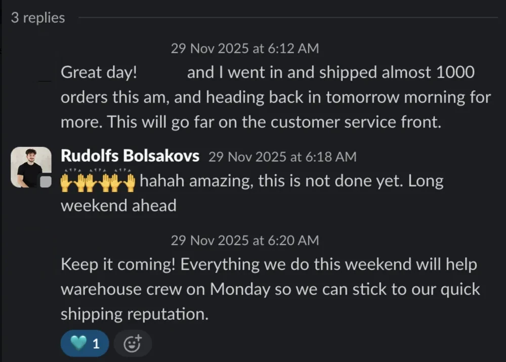 ~1,000 orders shipped in one morning — Client warehouse · BFCM