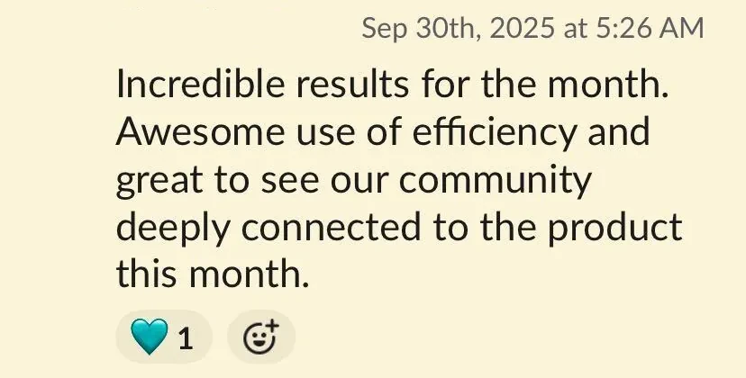 “Incredible results for the month” — Founder · September