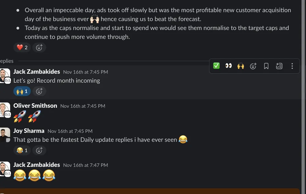 Most profitable acquisition day ever — Client Slack · November