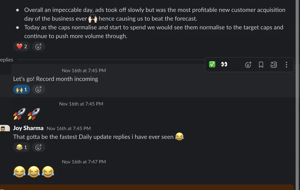 Most profitable acquisition day ever — Client Slack · November