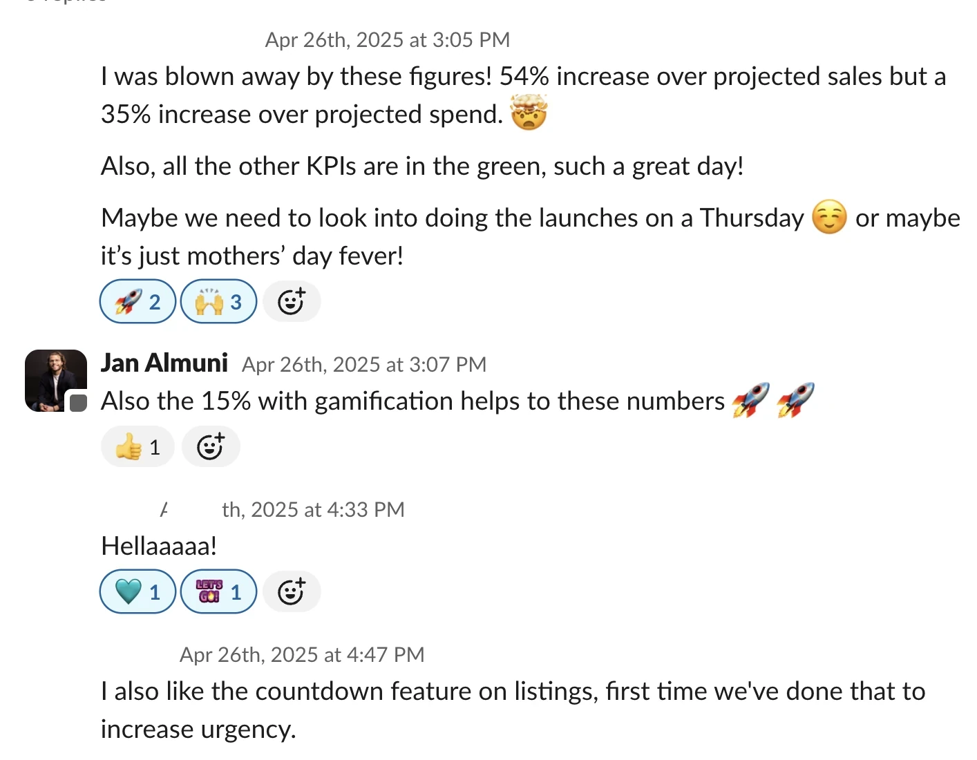 54% over projected sales — Client Slack · April